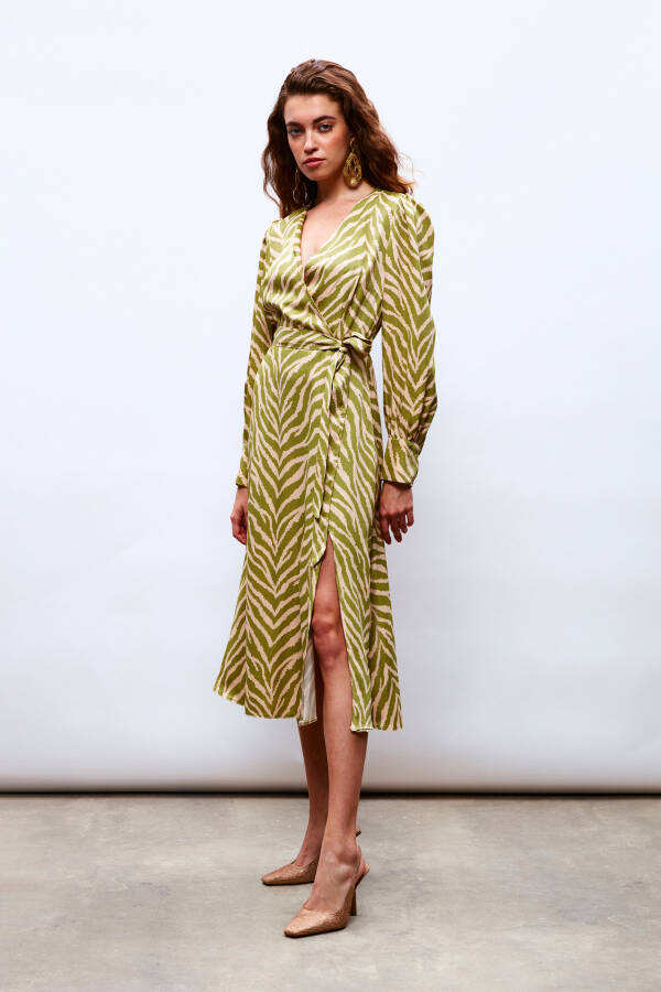 Zebra Print Sash Satin Dress - Olive Green - 11