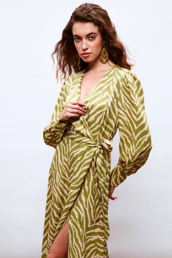 Zebra Print Sash Satin Dress - Olive Green - 12