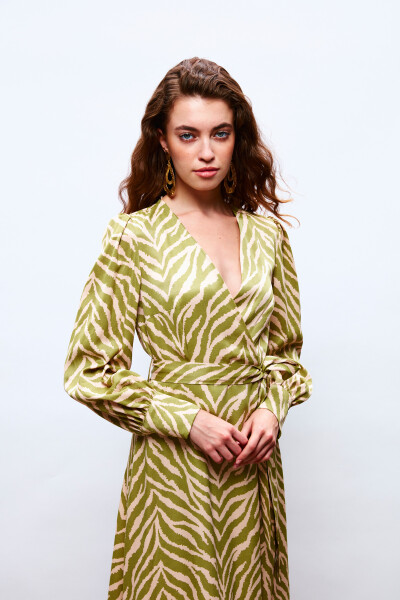 Zebra Print Sash Satin Dress - Olive Green - 13