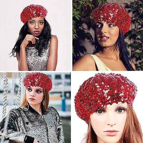 ZGMYC Shiny Sequin Beret Hat for Women Girls Fashion Beanie Cap Costume Accessories for Festival Party Dance - 3