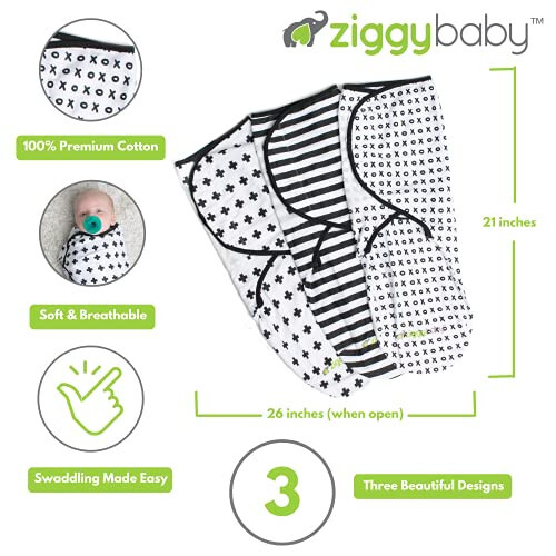 Ziggy Baby Adjustable Baby Swaddles 0-3 Months - Blanket Infant Wrap Set 3 Pack - Soft Cotton Black & White - Newborn Swaddle Blankets for Baby Boy or Girl, Swaddle Blanket - 32