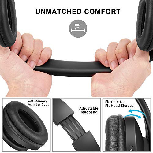 ZIHNIC Bluetooth Headphones Over-Ear, Foldable Wireless and Wired Stereo Headset Micro SD/TF, FM for Cell Phone, PC, Soft Earmuffs & Light Weight for Prolonged Wearing (Black) - 2