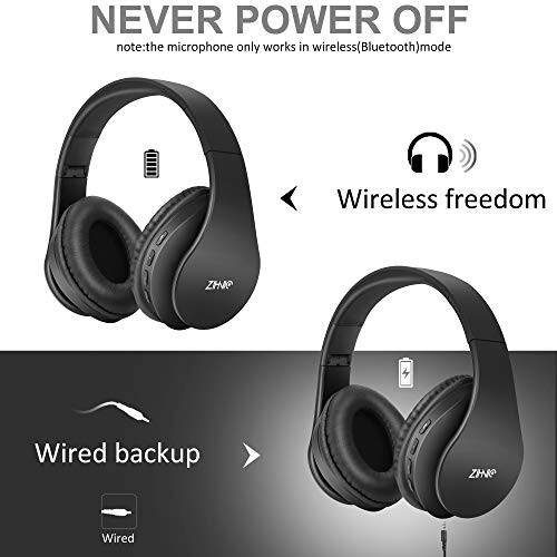 ZIHNIC Bluetooth Headphones Over-Ear, Foldable Wireless and Wired Stereo Headset Micro SD/TF, FM for Cell Phone, PC, Soft Earmuffs & Light Weight for Prolonged Wearing (Black) - 3