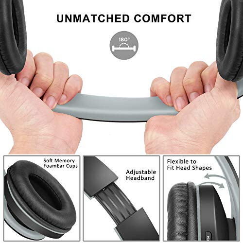 ZIHNIC Bluetooth Headphones Over-Ear, Foldable Wireless and Wired Stereo Headset Micro SD/TF, FM for Cell Phone, PC, Soft Earmuffs & Light Weight for Prolonged Wearing (Black/Gray) - 2