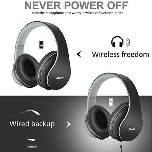 ZIHNIC Bluetooth Headphones Over-Ear, Foldable Wireless and Wired Stereo Headset Micro SD/TF, FM for Cell Phone, PC, Soft Earmuffs & Light Weight for Prolonged Wearing (Black/Gray) - 3