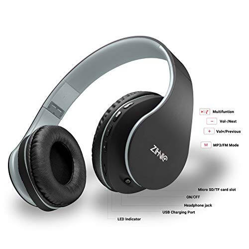 ZIHNIC Bluetooth Headphones Over-Ear, Foldable Wireless and Wired Stereo Headset Micro SD/TF, FM for Cell Phone, PC, Soft Earmuffs & Light Weight for Prolonged Wearing (Black/Gray) - 4