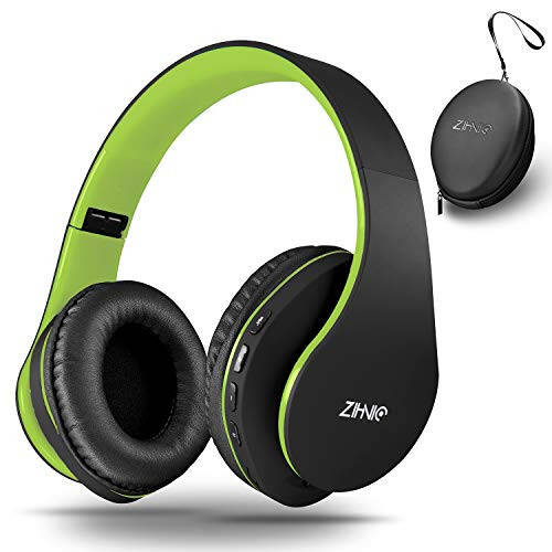 ZIHNIC Bluetooth Headphones Over-Ear, Foldable Wireless and Wired Stereo Headset Micro SD/TF, FM for Cell Phone, PC, Soft Earmuffs & Light Weight for Prolonged Wearing (Black/Green) - 1