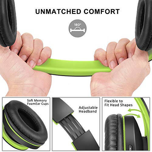 ZIHNIC Bluetooth Headphones Over-Ear, Foldable Wireless and Wired Stereo Headset Micro SD/TF, FM for Cell Phone, PC, Soft Earmuffs & Light Weight for Prolonged Wearing (Black/Green) - 2