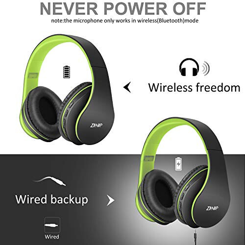 ZIHNIC Bluetooth Headphones Over-Ear, Foldable Wireless and Wired Stereo Headset Micro SD/TF, FM for Cell Phone, PC, Soft Earmuffs & Light Weight for Prolonged Wearing (Black/Green) - 3