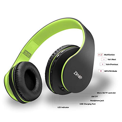 ZIHNIC Bluetooth Headphones Over-Ear, Foldable Wireless and Wired Stereo Headset Micro SD/TF, FM for Cell Phone, PC, Soft Earmuffs & Light Weight for Prolonged Wearing (Black/Green) - 5