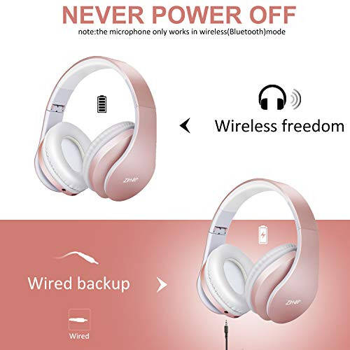 ZIHNIC Bluetooth Headphones Over-Ear, Foldable Wireless and Wired Stereo Headset Micro SD/TF, FM for Cell Phone, PC, Soft Earmuffs & Light Weight for Prolonged Wearing (Rose Gold) - 5