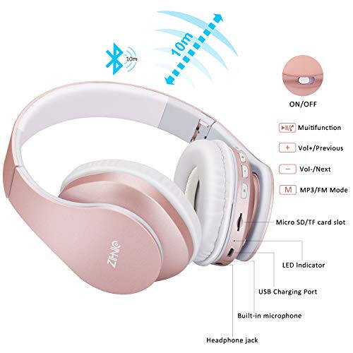 ZIHNIC Bluetooth Headphones Over-Ear, Foldable Wireless and Wired Stereo Headset Micro SD/TF, FM for Cell Phone, PC, Soft Earmuffs & Light Weight for Prolonged Wearing (Rose Gold) - 6