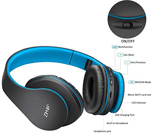 ZIHNIC Bluetooth Headphones Over-Ear, Foldable Wireless and Wired Stereo Headset Micro SD/TF, FM for Cell Phone,PC,Soft Earmuffs &Light Weight for Prolonged Wearing (Black/Blue) - 5