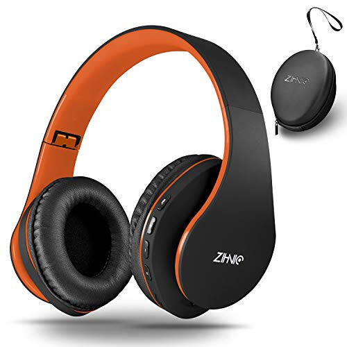 ZIHNIC Bluetooth Headphones Over-Ear, Foldable Wireless and Wired Stereo Headset Micro SD/TF, FM for Cell Phone,PC,Soft Earmuffs &Light Weight for Prolonged Wearing(Black/Orange) - 1