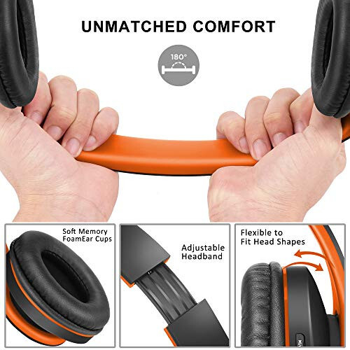 ZIHNIC Bluetooth Headphones Over-Ear, Foldable Wireless and Wired Stereo Headset Micro SD/TF, FM for Cell Phone,PC,Soft Earmuffs &Light Weight for Prolonged Wearing(Black/Orange) - 2