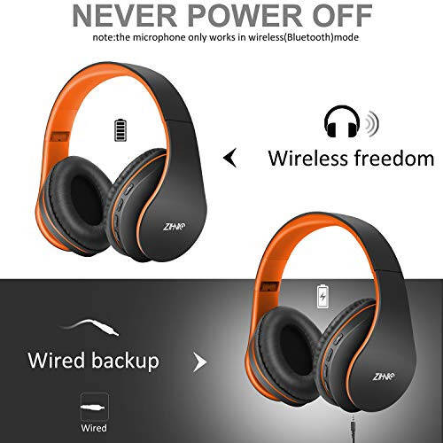 ZIHNIC Bluetooth Headphones Over-Ear, Foldable Wireless and Wired Stereo Headset Micro SD/TF, FM for Cell Phone,PC,Soft Earmuffs &Light Weight for Prolonged Wearing(Black/Orange) - 3