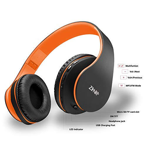 ZIHNIC Bluetooth Headphones Over-Ear, Foldable Wireless and Wired Stereo Headset Micro SD/TF, FM for Cell Phone,PC,Soft Earmuffs &Light Weight for Prolonged Wearing(Black/Orange) - 4