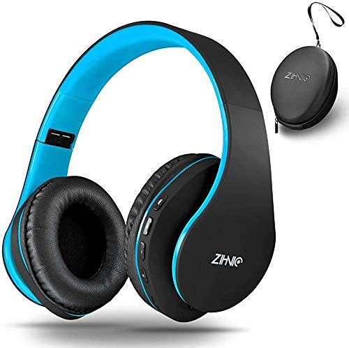 ZIHNIC Bluetooth Kulaklıklar Kulak Üstü, Katlanabilir Kablosuz ve Kablolu Stereo Kulaklık Mikro SD/TF, FM Cep Telefonu, Bilgisayar, Yumuşak Kulaklıklar ve Uzun Süreli Kullanım İçin Hafif (Siyah/Mavi) - 1