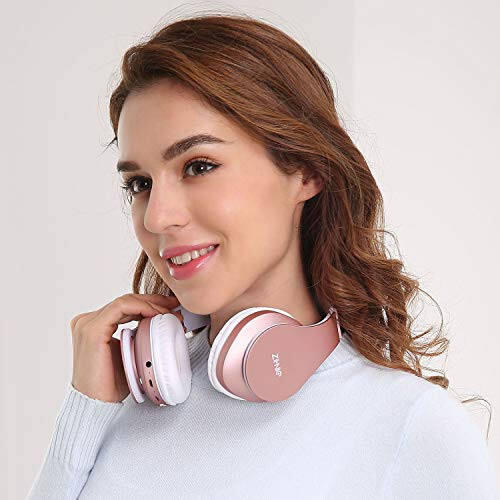 ZIHNIC Bluetooth Quloqchinlari Quloq Usti, Katlanadigan Simsiz va Simli Stereo Quloqchin Mikro SD/TF, FM Mobil Telefon, Kompyuter, Yumshoq Quloqchinlar va Uzoq Vaqt Kiyilishi Uchun Yengil (Gulabi Oltin) - 2