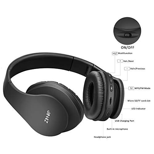 ZIHNIC Bluetooth Quloqchinlari Quloq Ustiga, Katlanadigan Simsiz va Simli Stereo Quloqchin Mikro SD/TF, FM Uyali Telefon, Kompyuter, Yumshoq Quloqchalar va Uzoq Vaqt Kiyish uchun Yengil (Qora) - 4