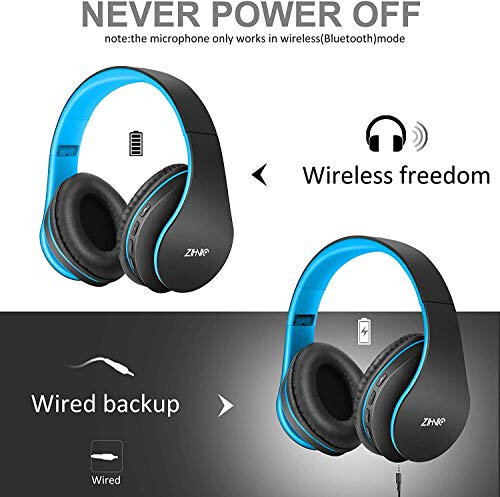 ZIHNIC Bluetooth Quloqchinlari Quloq Ustiga, Katlanuvchan Simsiz va Simli Stereo Quloqchin Mikro SD/TF, FM Mobil Telefon, Kompyuter, Yumshoq Quloqchalar va Uzoq Vaqt Kiyish Uchun Yengil (Qora/Ko'k) - 4