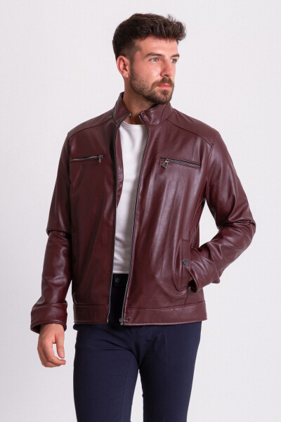 Zipper Detailed Burgundy Slim Fit Faux Leather Stand Collar Men's Jacket - 5