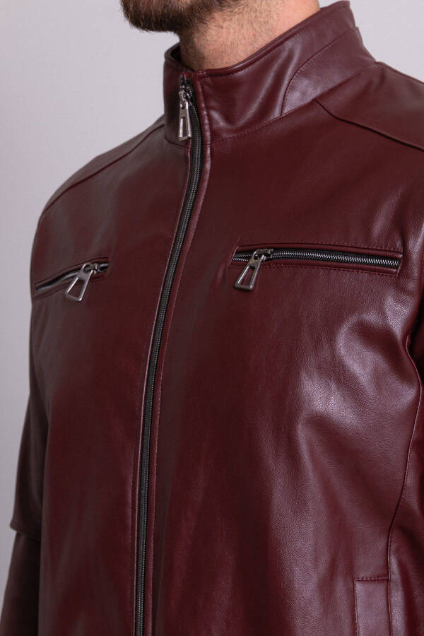 Zipper Detailed Burgundy Slim Fit Faux Leather Stand Collar Men's Jacket - 6