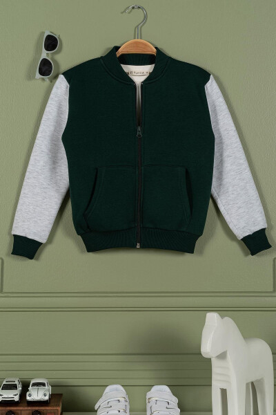 Zippered Hooded Kangaroo Pocket Dark Green Boys' Jacket - 3