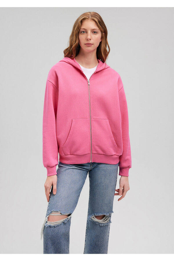 Zippered Hooded Pink Basic Sweatshirt 1611775-71095 - 21