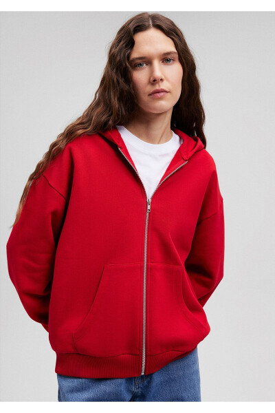 Zippered Hooded Red Basic Sweatshirt 1611775-82054 - 19