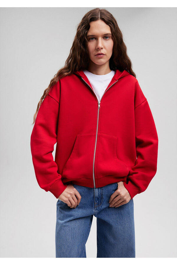 Zippered Hooded Red Basic Sweatshirt 1611775-82054 - 20