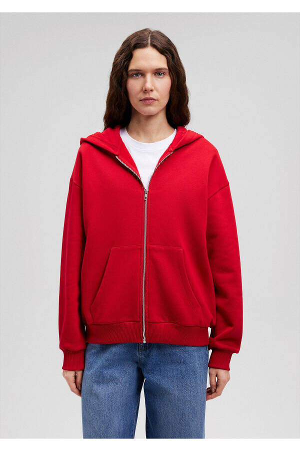 Zippered Hooded Red Basic Sweatshirt 1611775-82054 - 21