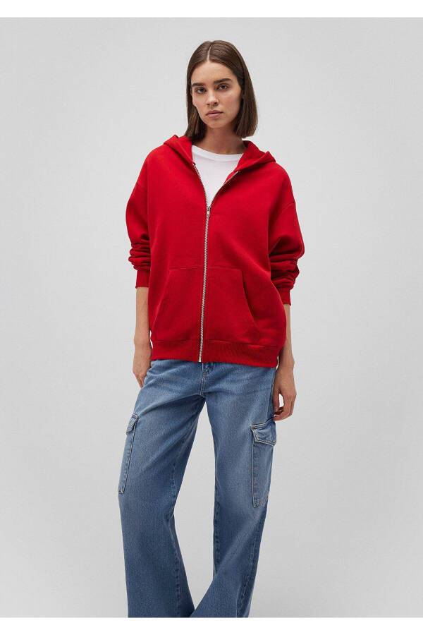 Zippered Hooded Red Basic Sweatshirt 1611775-82054 - 7