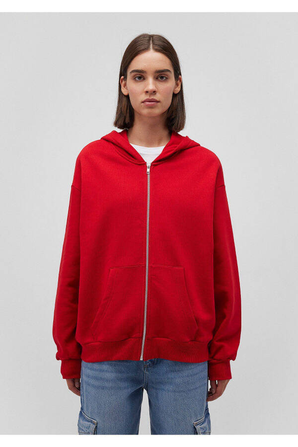 Zippered Hooded Red Basic Sweatshirt 1611775-82054 - 9