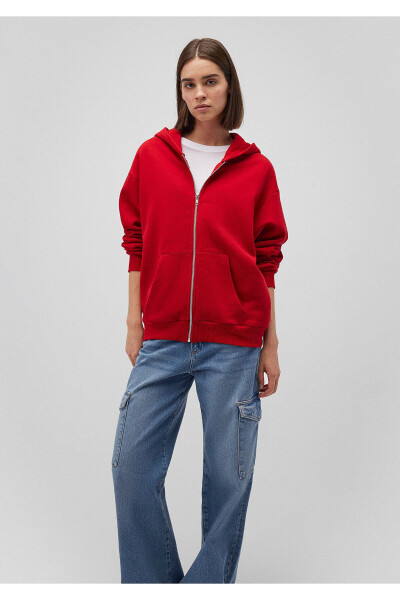 Zippered Hooded Red Basic Sweatshirt 1611775-82054 - 1