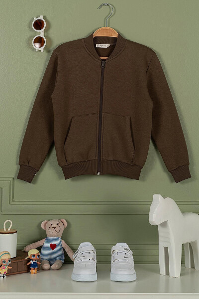 Zippered Kangaroo Pocket Coffee Girl's Jacket - 3