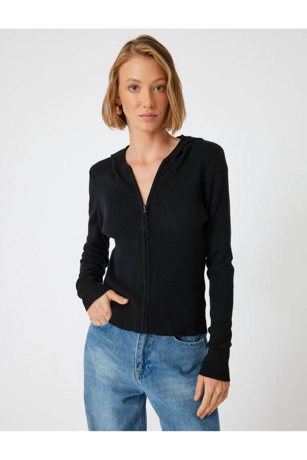 Zippered Knit Cardigan Round Neck Ribbed Long Sleeve - 9