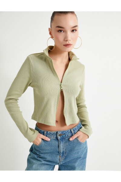 Zippered Knit Cardigan with Stand-Up Collar, Cashmere, Long Sleeve - 1