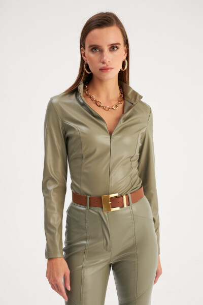 Zippered Leather Bodysuit - Çağla Green - 2