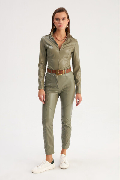 Zippered Leather Bodysuit - Çağla Green - 5