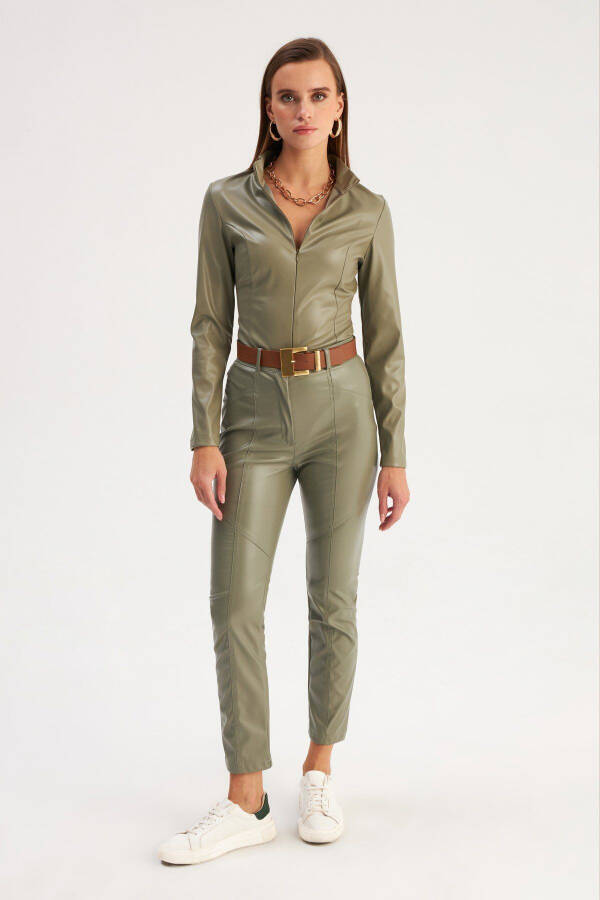 Zippered Leather Bodysuit - Çağla Green - 5