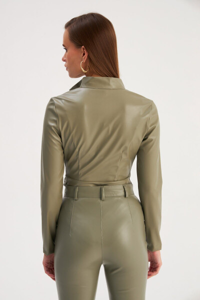 Zippered Leather Bodysuit - Çağla Green - 8