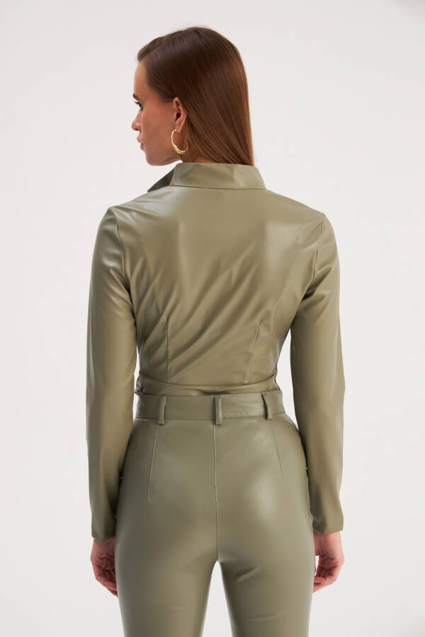 Zippered Leather Bodysuit - Çağla Green - 16