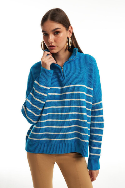 Zippered Striped Sweater Blue - 1