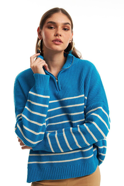 Zippered Striped Sweater Blue - 4