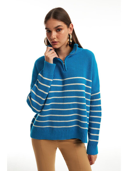 Zippered Striped Sweater Blue - 6