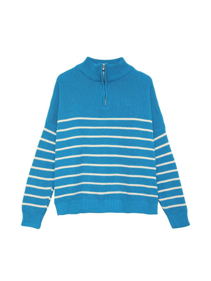 Zippered Striped Sweater Blue - 7