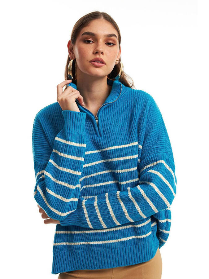 Zippered Striped Sweater Blue - 9