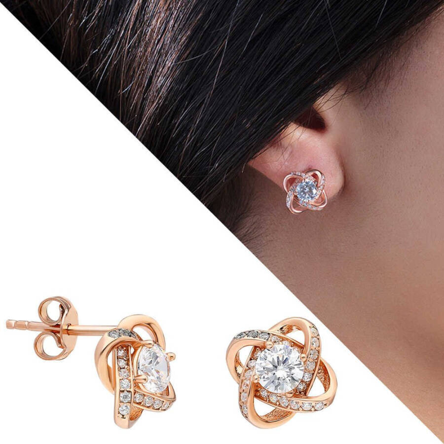 Zircon Solitaire Milky Way Design Rose Color 925 Sterling Silver Earrings - 3