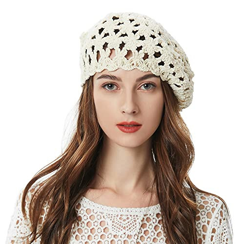 ZLYC Women Cotton Slouchy Crochet Beret Handmade Cutout Floral Beanie Hat - 1